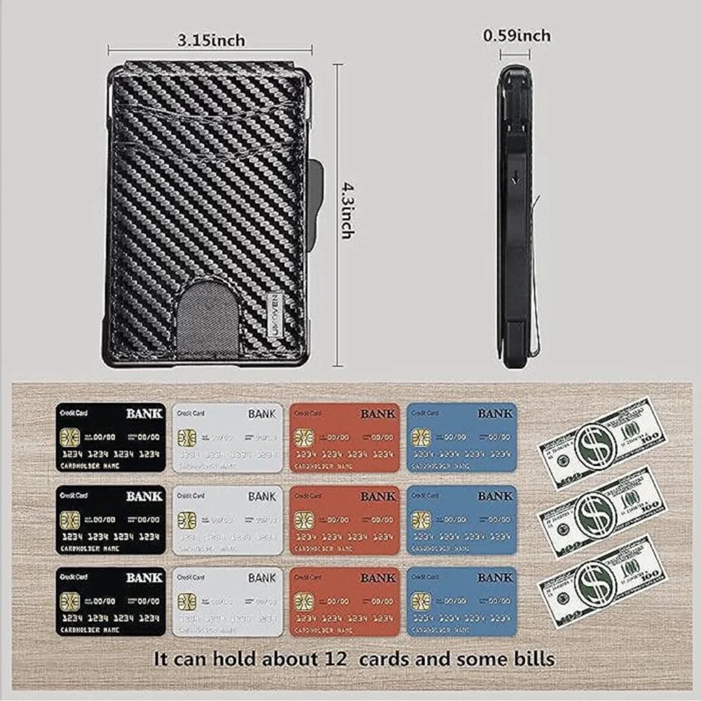 Wallet for Men - with Money Clip Slim Leather Slots , Carbon Black